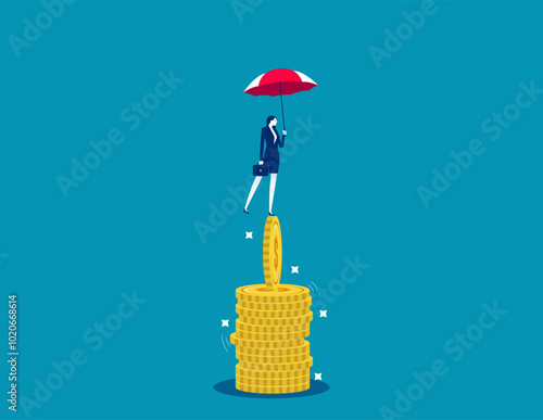 Money. Businessman hold umbrella balance on unstable coins stack, security or wealth accumulation