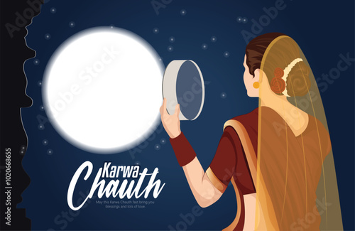 illustration of a woman celebrating Karwa Chauth, holding a traditional water pot under the moonlit sky.