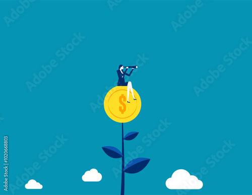 Money. Man look through telescope on plant with money coin flower, earning profit or grow income