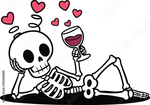 "Relaxing Skeleton with Wine and Hearts Romantic Illustration"

