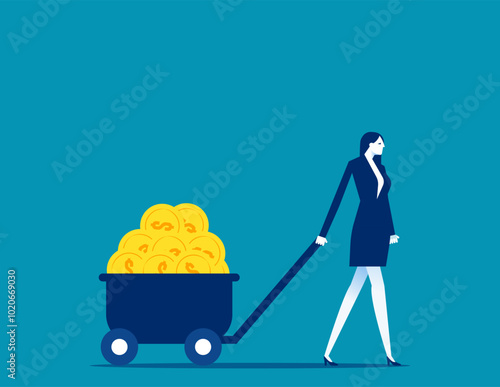 Money. rich and successful businessman with load of money golden coin in cart, Success investor