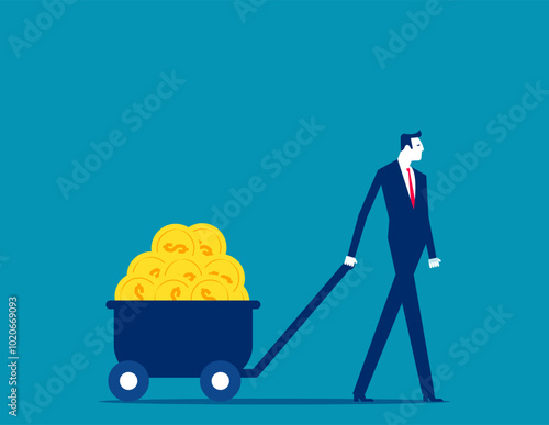 Money. rich and successful businessman with load of money golden coin in cart, Success investor