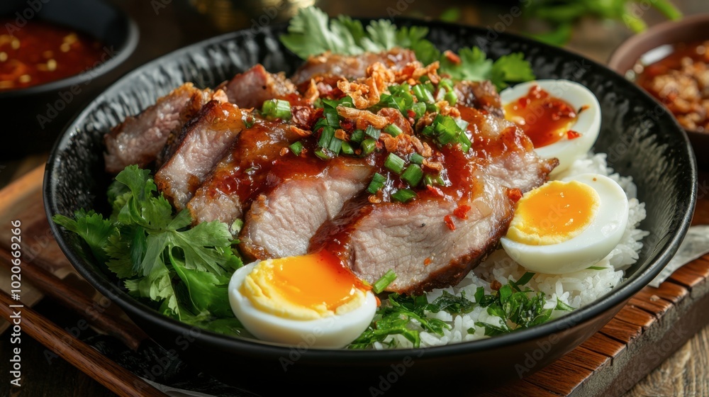 A serving of succulent pork leg over rice, garnished with greens, eggs, and chili sauce, presented in a traditional Thai setting. A serving of succulent pork leg over rice, garnished with greens, eggs, and chili sauce, presented in a traditional Thai setting.