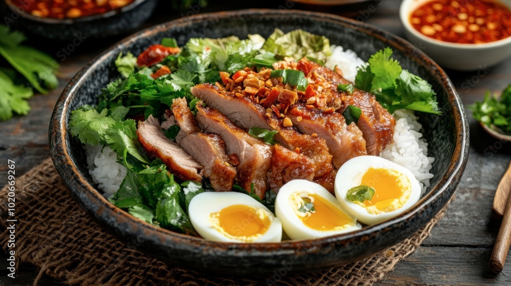 A serving of succulent pork leg over rice, garnished with greens, eggs, and chili sauce, presented in a traditional Thai setting. A serving of succulent pork leg over rice, garnished with greens, eggs, and chili sauce, presented in a traditional Thai setting.