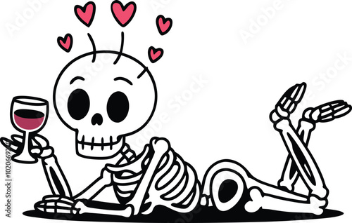 "Relaxing Skeleton with Wine and Hearts Romantic Illustration"

