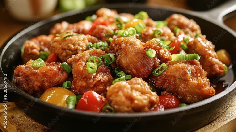 A sizzling skillet of fried chicken with fresh vegetables, capturing the essence of home-cooked comfort food. A sizzling skillet of fried chicken with fresh vegetables, capturing the essence of home-cooked comfort food.
