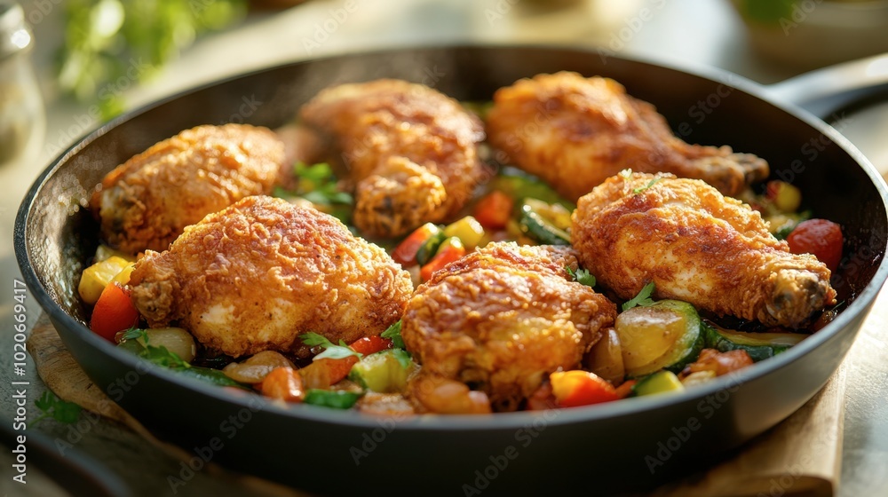 A sizzling skillet of fried chicken with fresh vegetables, capturing the essence of home-cooked comfort food. A sizzling skillet of fried chicken with fresh vegetables, capturing the essence of home-cooked comfort food.