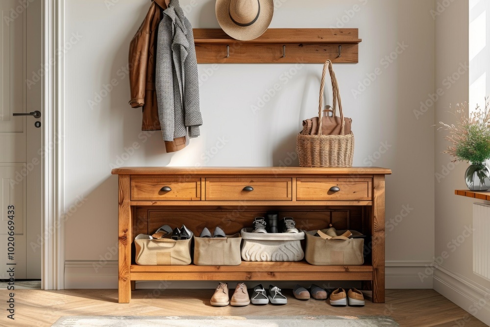 Modern Hall Tree with Coat Rack and Shoe Storage in Warm Honey Wood Against White Wall Modern Hall Tree with Coat Rack and Shoe Storage in Warm Honey Wood Against White Wall