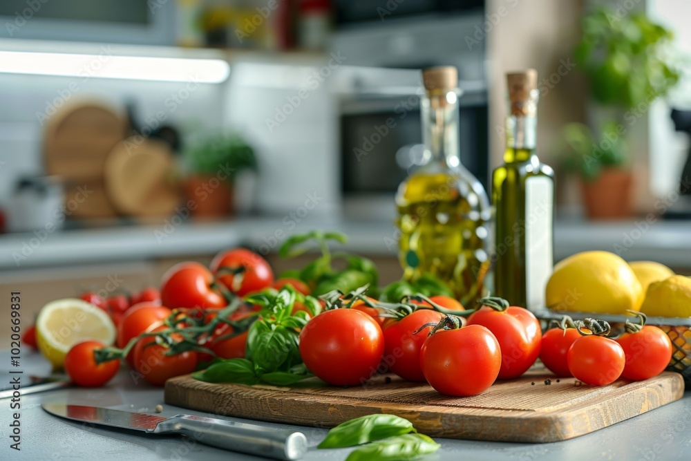 Modern Kitchen Counter with Vegetables, Fruits, and Cooking Essentials on a Wooden Board Modern Kitchen Counter with Vegetables, Fruits, and Cooking Essentials on a Wooden Board
