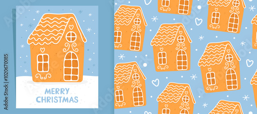 Gingerbread house on a blue background. Homemade christmas cookie with white sugar glaze. Christmas card. And christmas seamless pattern for wrapping paper, fabric, card.