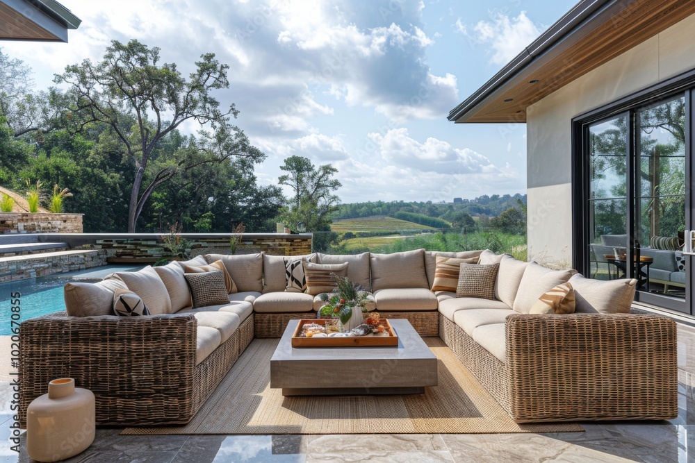 Fototapeta premium Elegant All-Season Smart Sofa Set in Beige with Dark Brown Wicker for Outdoor Seating and Relaxation