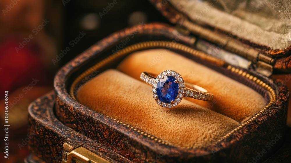 A stunning sapphire ring resting on an open jewelry box, showcasing its brilliance. A stunning sapphire ring resting on an open jewelry box, showcasing its brilliance.