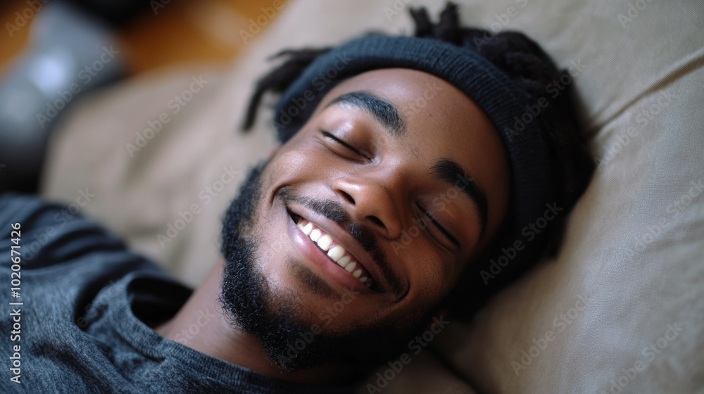 A young man smiles peacefully while lying on a comfortable surface, enjoying a moment of relaxation indoors on a sunny day A young man smiles peacefully while lying on a comfortable surface, enjoying a moment of relaxation indoors on a sunny day