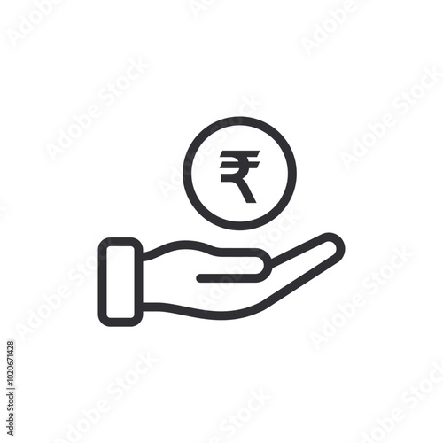 Donation icon. Human hand palm up. Begging hand. Rupee money. Receiving. Cash icon. Financial aid. Coin icon. Rupee sign. Currency exchange. Pay icon. Cash back. Investment. Financial savings. Payment