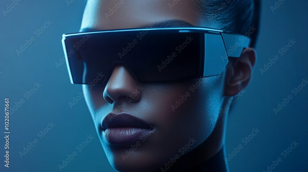 Elegant Woman Wearing Sleek Black Visor Glasses Elegant Woman Wearing Sleek Black Visor Glasses