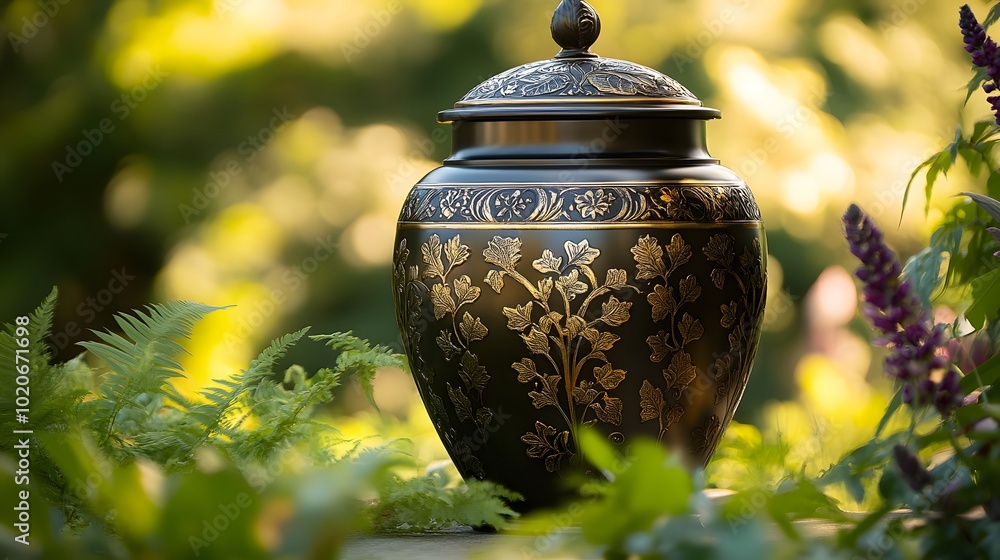 A tall, elegant black vase with intricate gold designs sits on top of an outdoor table in front of green plants and flowers, urn A tall, elegant black vase with intricate gold designs sits on top of an outdoor table in front of green plants and flowers, urn