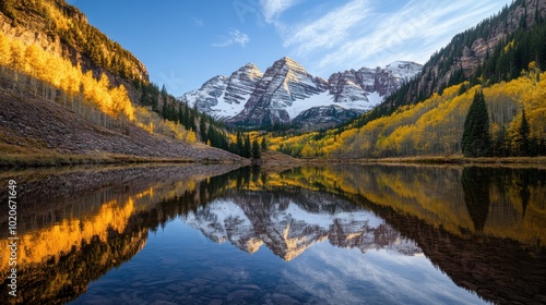 Autumn Foliage at Maroon Bells Captured with Nikon D850: Stunning Natural Light Photography in National Geographic Style. 16:9 Aspect Ratio.