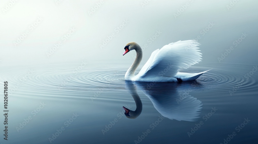 Fototapeta premium A swan gracefully gliding across a still lake, with soft ripples trailing behind it in the water.