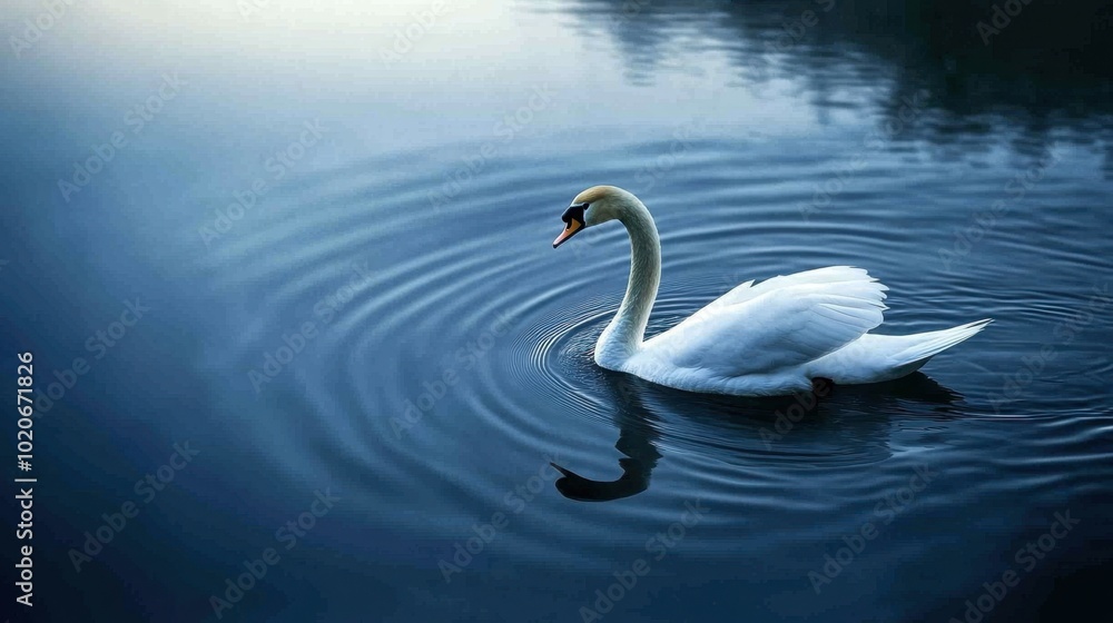 A swan gracefully gliding across a still lake, with soft ripples trailing behind it in the water. A swan gracefully gliding across a still lake, with soft ripples trailing behind it in the water.