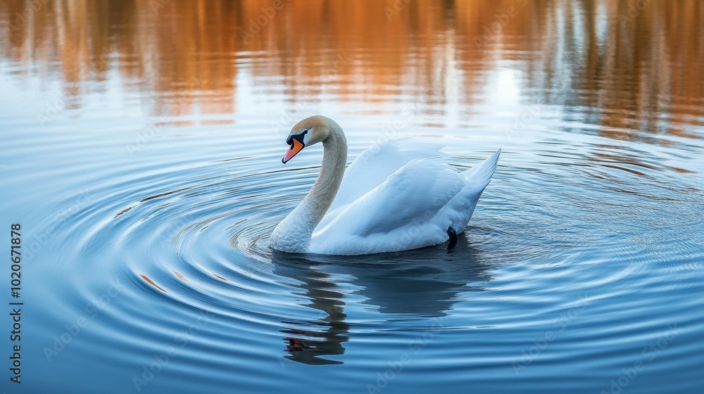 Fototapeta premium A swan gracefully gliding across a still lake, with soft ripples trailing behind it in the water.