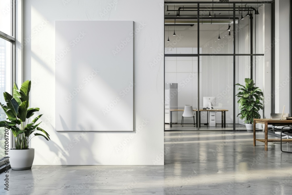 Modern Office Space with Large White Wall, Empty Vertical Canvas Mockup, and Natural Light Modern Office Space with Large White Wall, Empty Vertical Canvas Mockup, and Natural Light
