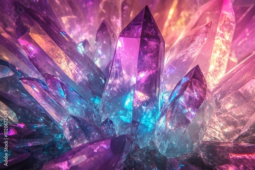 Wallpaper Mural A cluster of vibrant crystals with sharp edges, glowing in purple, blue, and pink shades. The light reflects off their surfaces, creating a mesmerizing, iridescent effect with a soft glow. Torontodigital.ca
