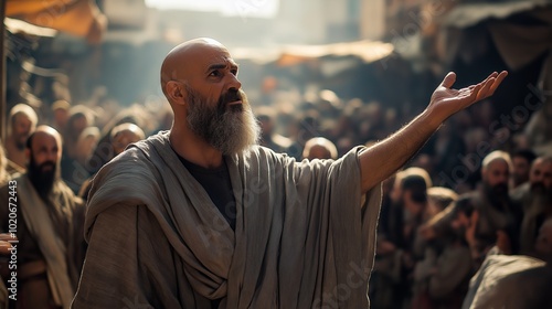 Cinematic, bald and bearded Paul, around 55 years old, preaching passionately to a crowd of gentiles in an open marketplace