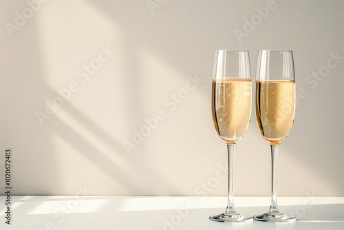 close up horizontal image of two full champagne glasses in front of a white background surface, copy space