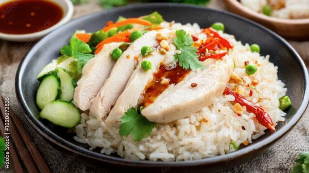 A traditional Asian dish of steamed rice with perfectly cooked chicken, garnished with fresh vegetables and served with a flavorful sauce. A traditional Asian dish of steamed rice with perfectly cooked chicken, garnished with fresh vegetables and served with a flavorful sauce.