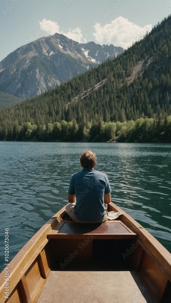 Man in wooden boat on calm lake gazing at distant mountains under clear skies Man in wooden boat on calm lake gazing at distant mountains under clear skies