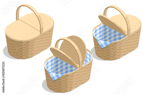 Isometric open or closed wicker picnic basket for carrying tableware, food, and drinks on a white background. It represents the idea of relaxation, a romantic meal, and a family weekend outing.