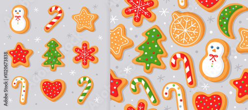 Set of New Year's gingerbread cookies in the different shapes. Gray background. And christmas seamless pattern for wrapping paper, fabric, card. Christmas cookies with sugar glazed.
