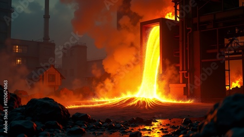 A dramatic scene of molten metal being poured at an industrial foundry, showcasing intense heat and sparks. Captures the raw power and energy of metal manufacturing.