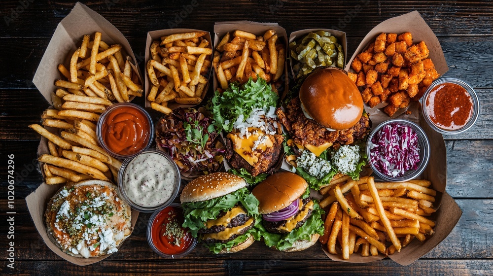 Top view of hamburger, french fries, ketchup and mayonnaise on wooden background. Top view of hamburger, french fries, ketchup and mayonnaise on wooden background.