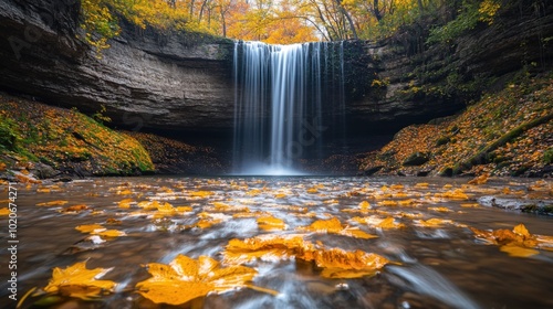 Autumn serenity at Matthiessen State Park's Lake Falls, captured in golden hour with vibrant foliage. Stunning long exposure adventure photography. Nikon D750. High-resolution. photo