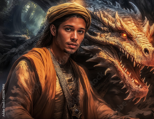 Un magnifique dragon et son dresseur type oriental, image aux couleurs chaudes  photo