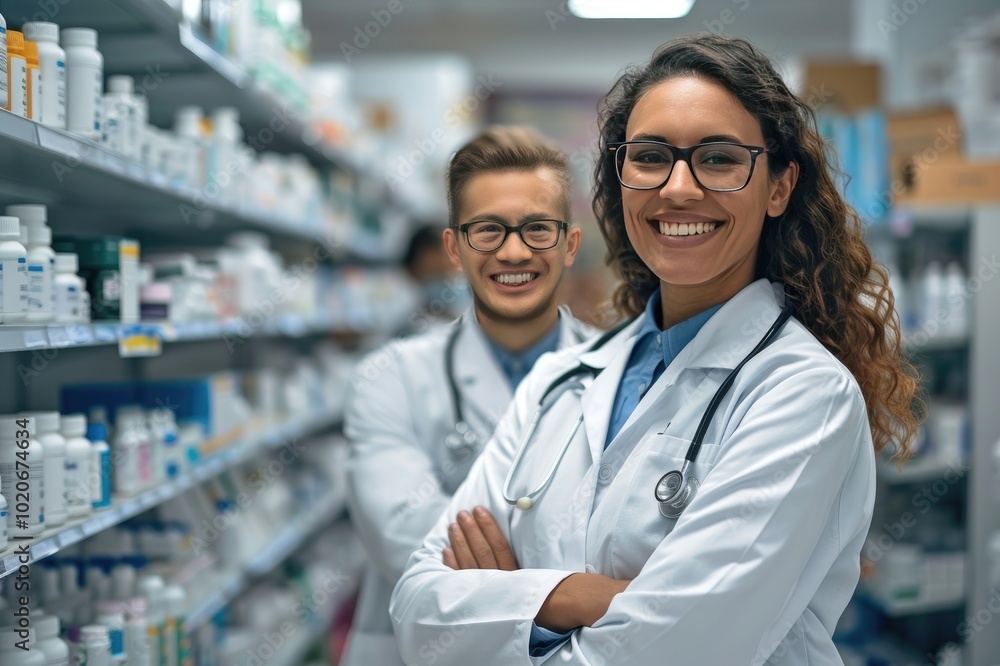 Confident pharmacists smiling in front of pharmacy shelves Confident pharmacists smiling in front of pharmacy shelves