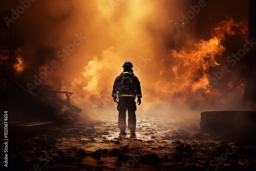 Silhouette firefighter force on the Large fire.