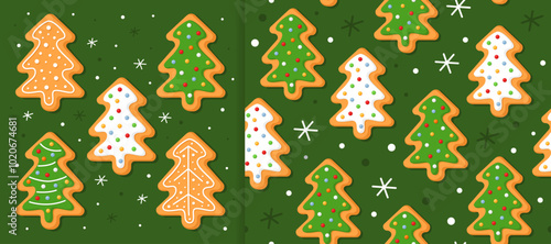 Set of New Year's gingerbread cookies in the shape of christmas trees on green background. And christmas seamless pattern for wrapping paper, fabric, card. Christmas cookies with sugar glazed.