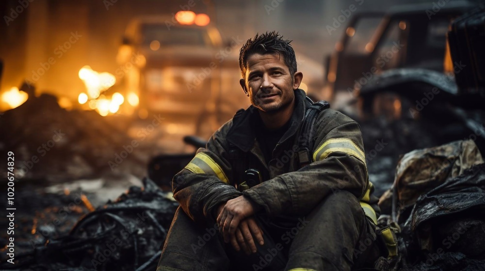 Photo of happy fireman in helmet with dog Photo of happy fireman in helmet with dog