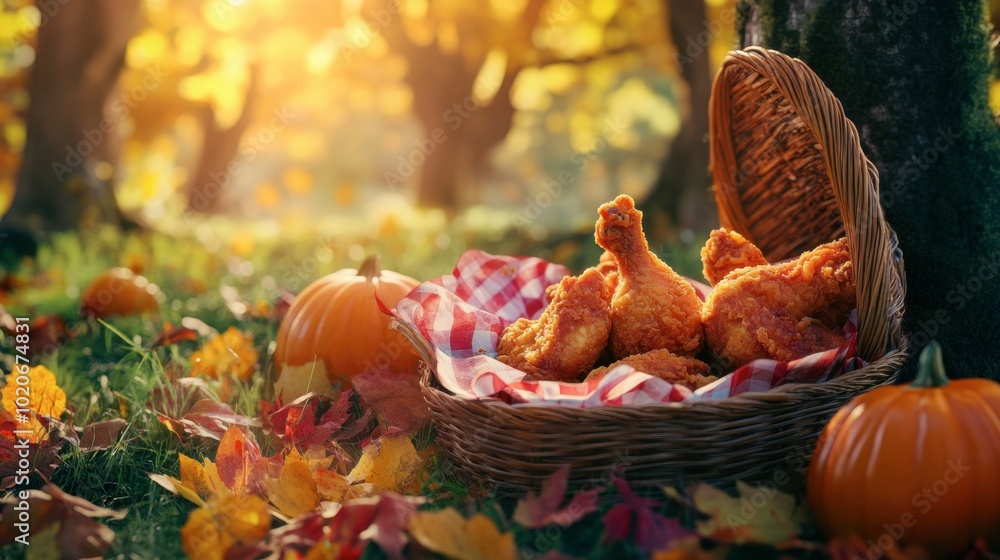 A vibrant autumn picnic featuring fried chicken as the main dish, surrounded by pumpkins and colorful leaves. A vibrant autumn picnic featuring fried chicken as the main dish, surrounded by pumpkins and colorful leaves.