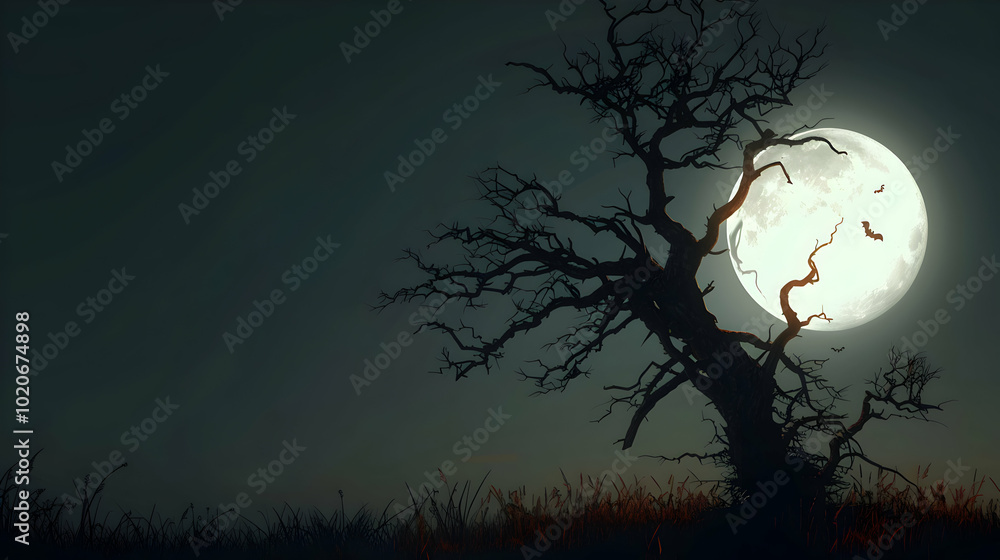 Fototapeta premium Mysterious Scene of a Gnarled Tree Illuminated by a Bright Full Moon and Stormy Skies