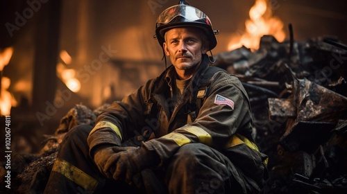 Portrait of a tired firefighter in a protective suit and a protective helmet sitting by a fire engine after returning to the fire department