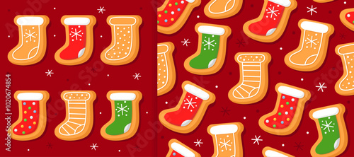 Set of New Year's gingerbread cookies in the shape of christmas stocking on red background. And christmas seamless pattern for wrapping paper, fabric, card. Christmas cookies with sugar glazed.