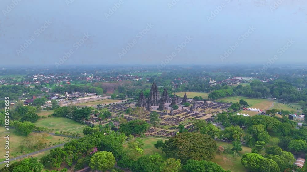 Panoramic aerial view of Prambanan temple in Indonesia Panoramic aerial view of Prambanan temple in Indonesia
