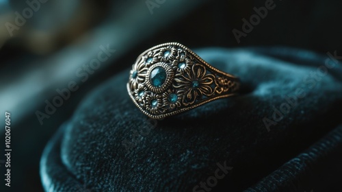 A vintage-style ring with intricate floral designs, displayed on a velvet cushion for an elegant touch.