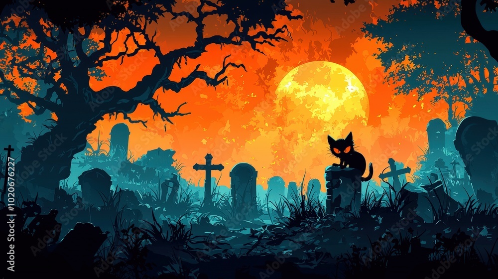 Obraz premium A cat is sitting on a tombstone in a graveyard