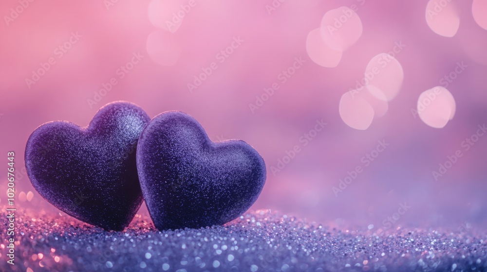 Fototapeta premium Two soft velvet hearts resting on a sparkling glitter surface, surrounded by glowing heart bokeh in the background, dreamy atmosphere with pink and purple tones