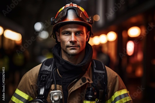 Portrait of a tired firefighter in a protective suit and a protective helmet sitting by a fire engine after returning to the fire department