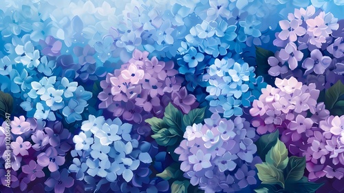 Wallpaper Mural A vibrant array of hydrangeas in shades of blue and purple, surrounded by lush green leaves, creating a serene and colorful floral display. Torontodigital.ca